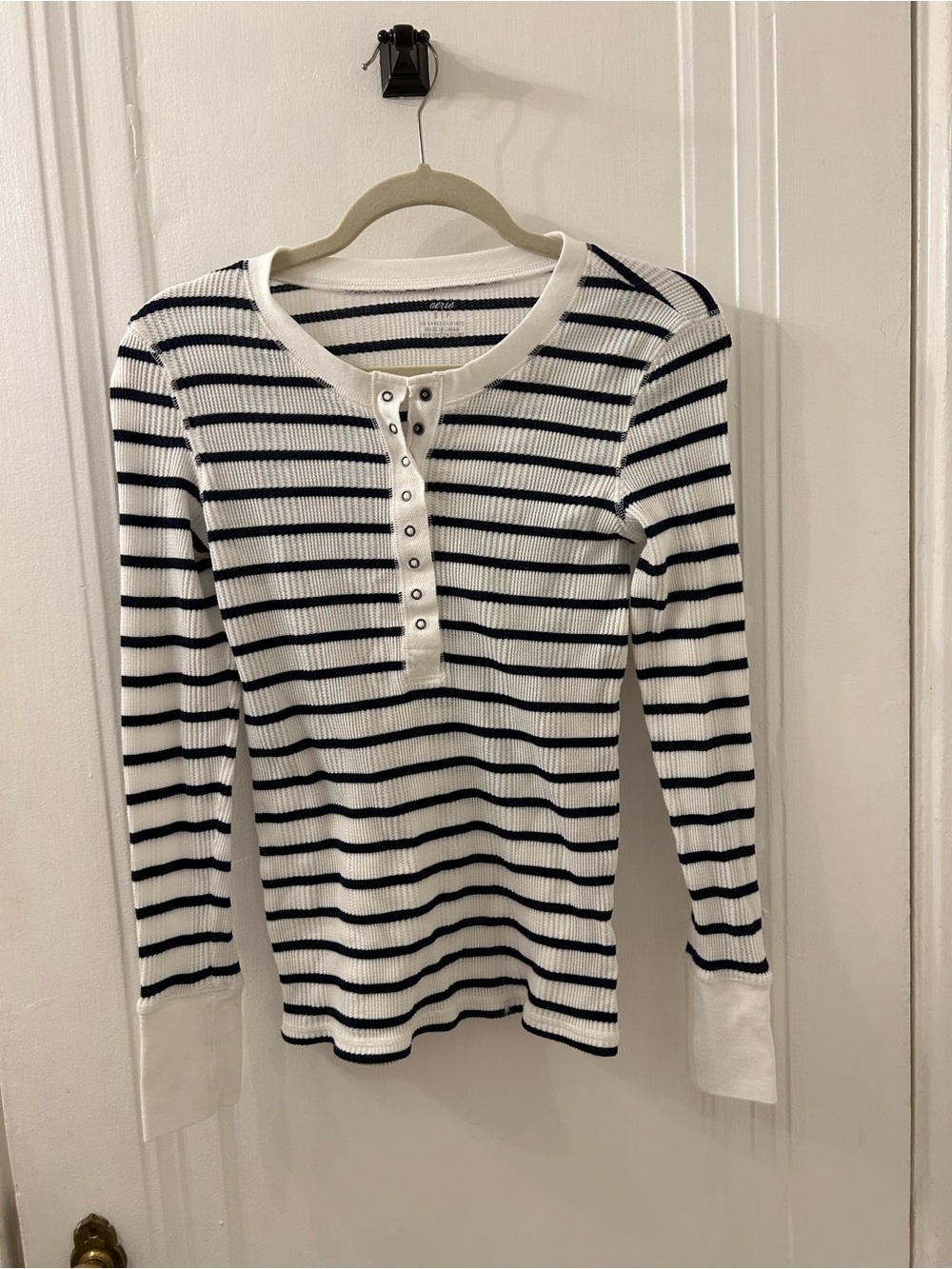 aerie White & Black Striped Henley Long-Sleeve Top